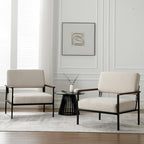 Set of 2 Mid Century Modern Accent Chair Arm Chairs, Comfy Armchair Linen Upholstered with Black Metal, Beige