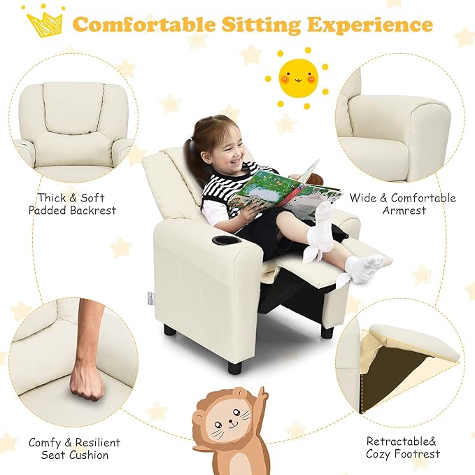 Costzon Kids Recliner Chair with Cup Holder, Toddler Furniture Children Armrest Sofa w/Headrest & Footrest for Girls Boys Baby Bedroom, Kids Room, PU Leather Kids Recliner Couch (Beige)