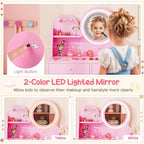 Costzon Kids Vanity, Girls Vanity Set with Mirror and Stool and Lights, Drawers, Storage Shelf & Hooks, 2 in 1 Makeup Desk Dressing Table, Kids Vanity Table and Chair Set (Pink)