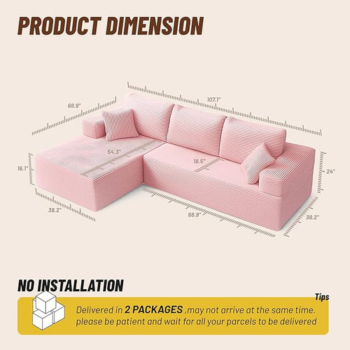107" Boneless Couch with Deep Seat, Modular Sectional Sofa, Cloud Sectional Couch for Living Room, No Assembly Required, Corduroy, L-Shape Left，Pink