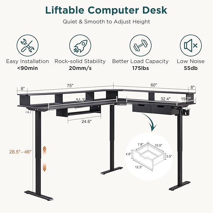 RedLemon 75X60 Inches L Shaped Electric Standing Desk, Height Adjustable Corner Gaming Desk with Drawers, Power Outlets & LED Lights, Computer Desk with Monitor Shelf, Carbon Fiber Black