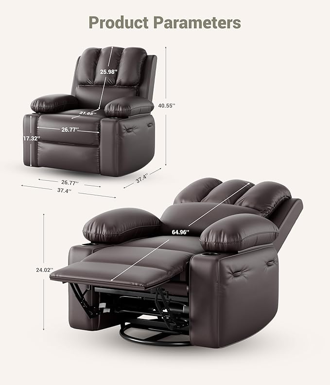 27" Oversized Power Recliner Chair, Faux Leather Rocking Chair with Heat & Massage, 360° Swivel Modern Electric Recliner with Cup Holder ＆ USB Charging for Living Room, Bedroom, Nursery - Coffee
