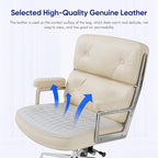 Genuine Leather Office Chair, Mid Back Executive Desk Chairs with Aluminum Arms and Wheels, Swivel Office Leather Chair with Thickened Backrest and Ergonomic Lumbar Support, White