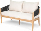 Christopher Knight Home Katarina Patio Acacia Wood Loveseat Furniture, Outdoor Loveseat Sofa with Comfy Fabric Cushions, 2-Seater Sofa with Handwoven Rope Backrest for Garden/Backyard, Black+Beige