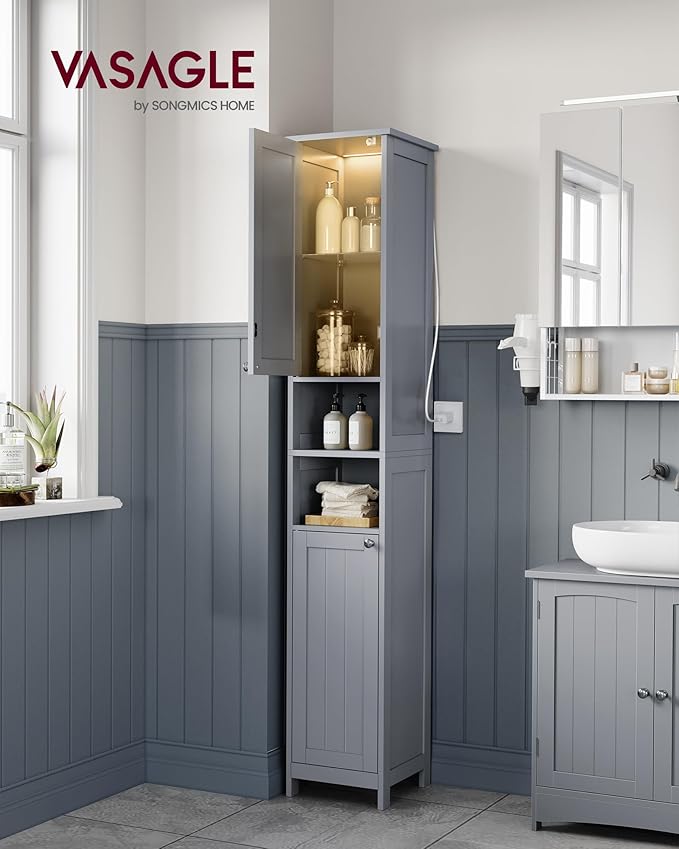 VASAGLE Tall Storage Cabinet with Lights, Slim Freestanding Cabinet with Adjustable Shelves, for Small Spaces, Bathroom, Living Room, Modern, 11.8 Inches Wide, Dove Gray UBBC566G02