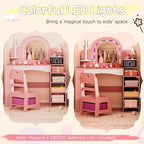 Costzon Kids Vanity, Girls Vanity Set with Lighted Mirror, Bookshelf, Jewelry Storage, Toddler Makeup Vanity Desk Dressing Table, Wooden Kids Vanity Table and Chair Set (Pink)