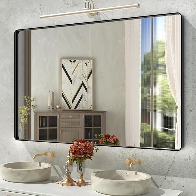Bathroom Mirror Black,55x36 Inch Large Matte Black Bathroom Vanity Mirror,Rectangle Black Metal Framed Mirror for Wall,Anti-Rust,Shatter-Proof (Horizontal/Vertical)