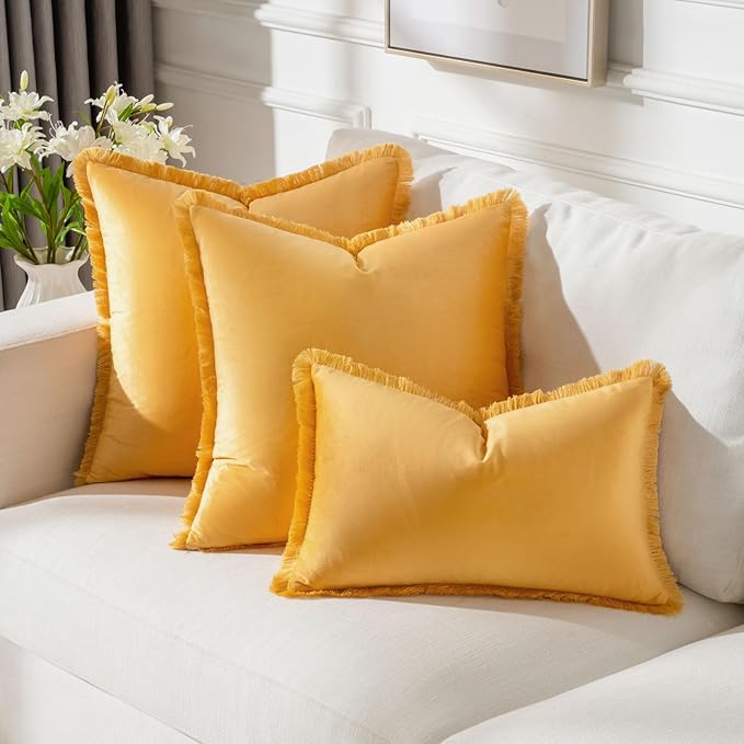 FUTEI Orange Velvet Decorative Throw Pillow Covers 12x20 Set of 2,Soft Cozy Edge with Tassels Lumbar Pillow Cases,Boho Modern Home Decor for Couch Bed Living Room