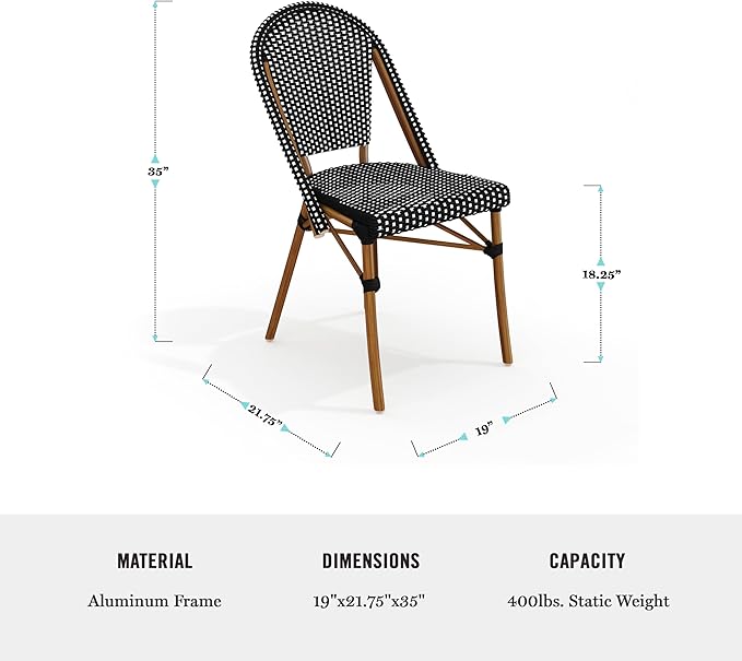 Martha Stewart Lily Pond Indoor-Outdoor Stackable Aluminum Bistro Chair with Natural Woodgrain Frame Finish and Black/White Woven Rattan Backrest and Seat