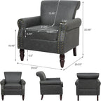 Accent Chair, Mid Century Modern Faux Leather Arm Chair with Wood Leg for Living Room, Bedroom, Comfy PU Leather Club Reading Chairs with Wingback & Nailhead Trim (Leather Black Grey, Set of 1)