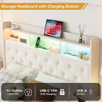 Queen LED Bed Frame with Storage Headboard & Charging Station, Velvet Fabric Platform Bed Frames with 4 Drawers, No Box Spring Needed, Button Tufted Upholstered, Beige