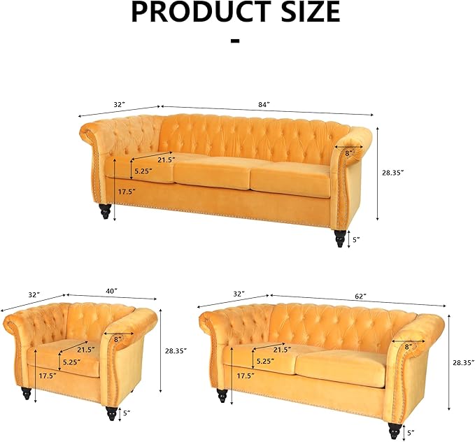 2 Piece Living Room Furniture Set, Velvet Loveseat and Chair Set, Mid Century Modern Upholstered Sofa Couch with Cushions, Comfy Tufted Chesterfield Couches for Living Room, Bedroom, Office