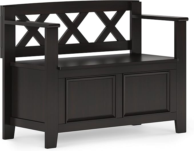 SIMPLIHOME Amherst Entryway Storage Bench - 36 inch Wide Solid Wood Small Hallway Seat in Hickory Brown, Transitional Bench for Entryway or Living Room with Lift-Up Lid and Compact Storage
