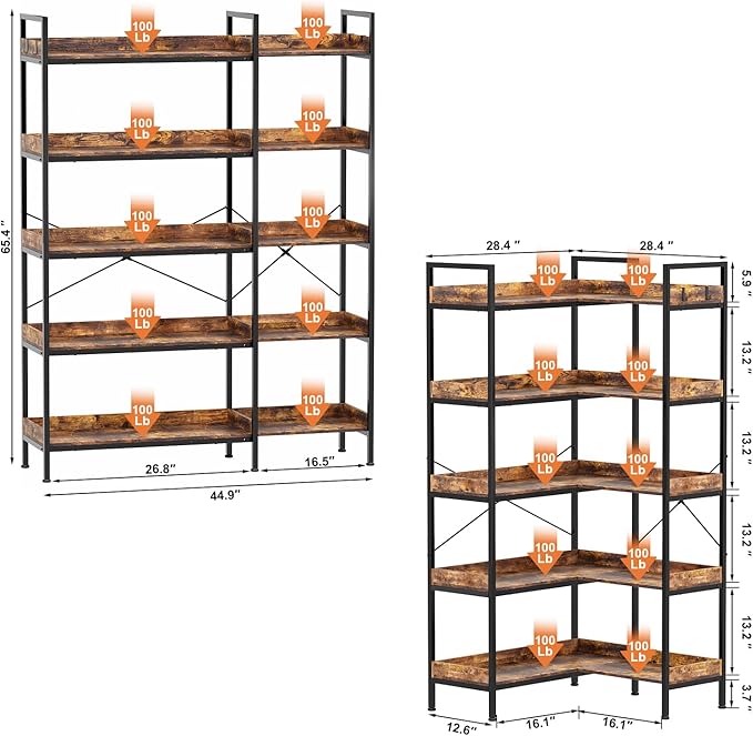 KOUSEI Bookshelf 5-Tier, L-Shaped Reversible Corner Bookshelf, 65" Industrial Wide Open Bookcase with Metal Frame and 4 Hooks for Living Room, Bedroom, Home Office, Rustic Brown