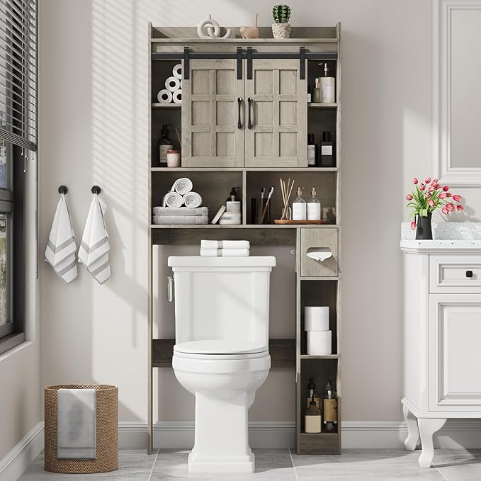 Over The Toilet Storage Cabinet, Farmhouse Storage Cabinet Over Toilet with Sliding Doors，Home Space-Saving Toilet Rack, for Bathroom, Restroom, Laundry.Wash Grey