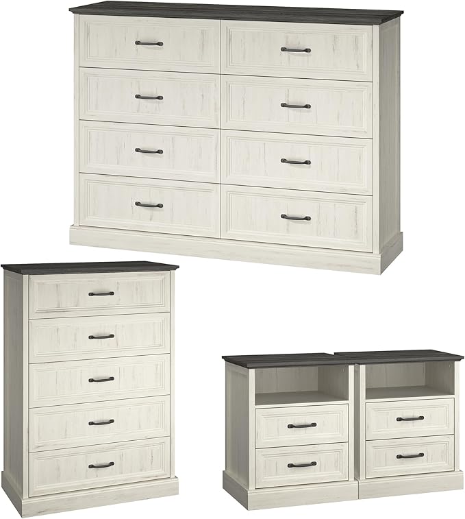 Farmhouse Dresser and Nightstand Sets, 4Pcs Bedroom Furniture Set, Nightstand Set of 2 & 55" Wide 8 Drawer and 44" Tall 5 Drawer Dresser with Large Drawers & Bar Handles, White