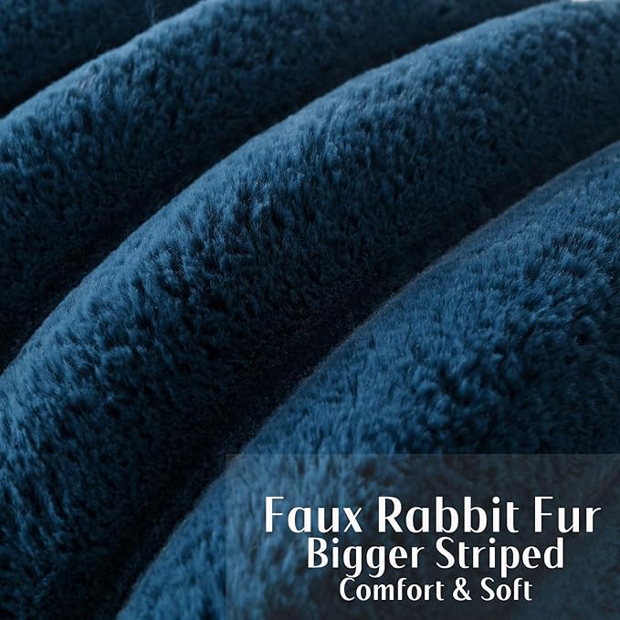 FUTEI Navy Blue Decorative Throw Pillow Covers 20x20 Inch Set of 2, Square Soft Faux Rabbit Fur Thick Striped Cushion Cover,Winter Home Decor for Couch Bed Living Room