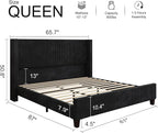 HOWE Queen Size Upholstered Bed Frame, Wingback Platform Bed with 50.8" Headboard, Corduroy/Solid Wood Leg/No Box Spring Needed/Noise Free/Black