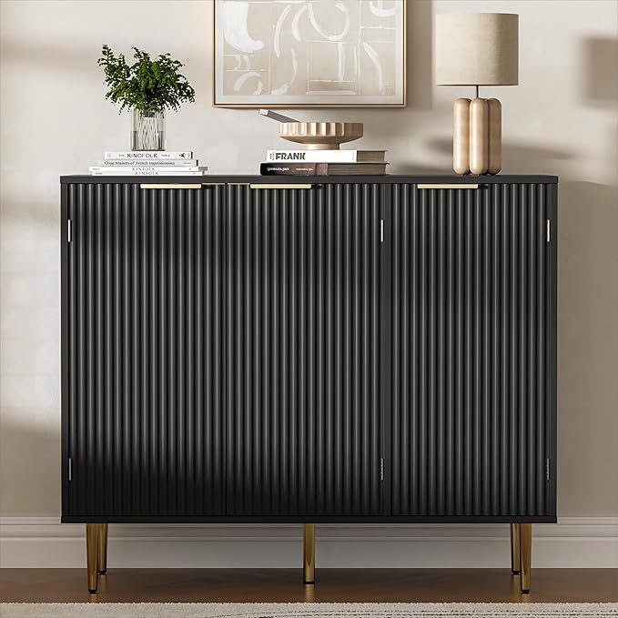 Fluted Sideboard Buffet with 3 Doors, Modern Accent Cabinet with Adjustable Shelves, Kitchen Storage Cabinet with Golden Handles, Coffee Bar for Kitchen, Living Room, Black