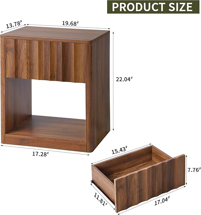 Fluted Dresser, Small Nightstands Set of 2, Natural Bedside Table with Drawer and Storage, Mid Century Modern Side Table for Bedroom Living Room Sofa