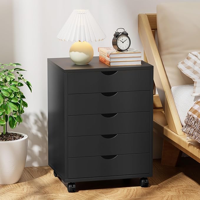 Simple Deluxe 5-Drawer Chest, Office Storage Dresser File Cabinet with Wheels, Mobile Dresser for Home Office, Black
