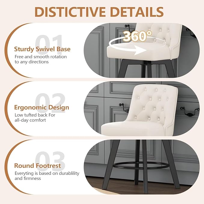 MINCETA Bar Stool, PU Leather Barstool, 26 Inch Upholstered Counter Stool with Low Tufted Back and Footrest, Swivel Counter Height Barstool for Kitchen Island Home Bar White