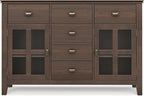 SIMPLIHOME Artisan Buffet - 54 inch Wide Solid Wood 3-Door Sideboard Buffet in Natural Aged Brown, Transitional Storage Cabinet for Dining Room or Kitchen with Adjustable Shelves and Bronze Hardware