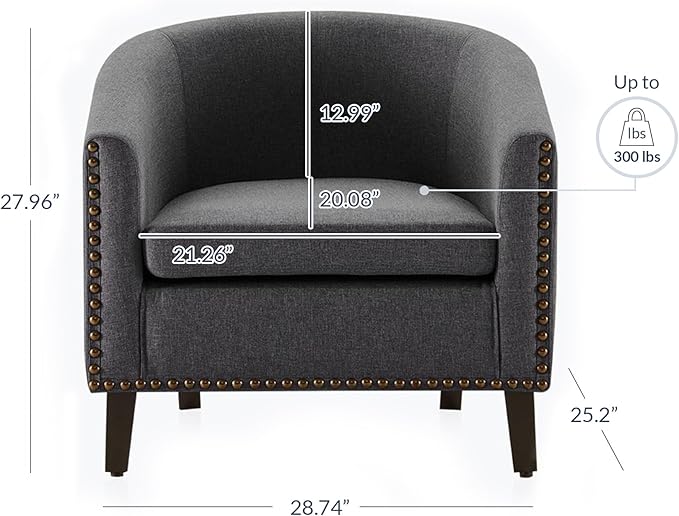 BELLEZE Accent Barrel Chair Set of 2, Modern Tub Club Chair Upholstered Armchair with Gold Nail Head Trim and Black Legs for Living Room Bedroom Apartment Lounge - Gray/Linen