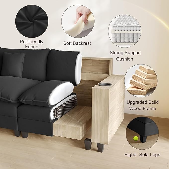Cloud Couch, Modular Sectional Sofa with Ottoman, Charging Station, Throw Pillows, Cup Holders, Modern Convertible L Shaped Couches for Living Room, Bedroom (Classic Black, 80.7"- L Shape)