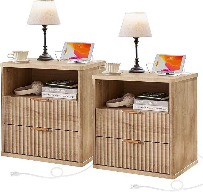 LEYAOYAO Fluted Nightstand Set of 2 with Charging Station,23" Modern Nightstand with Woodgrain Top, 2 Drawer End Table w/Storage, BedsideTables for Bedroom, Living Room, Curved Profile,Wood