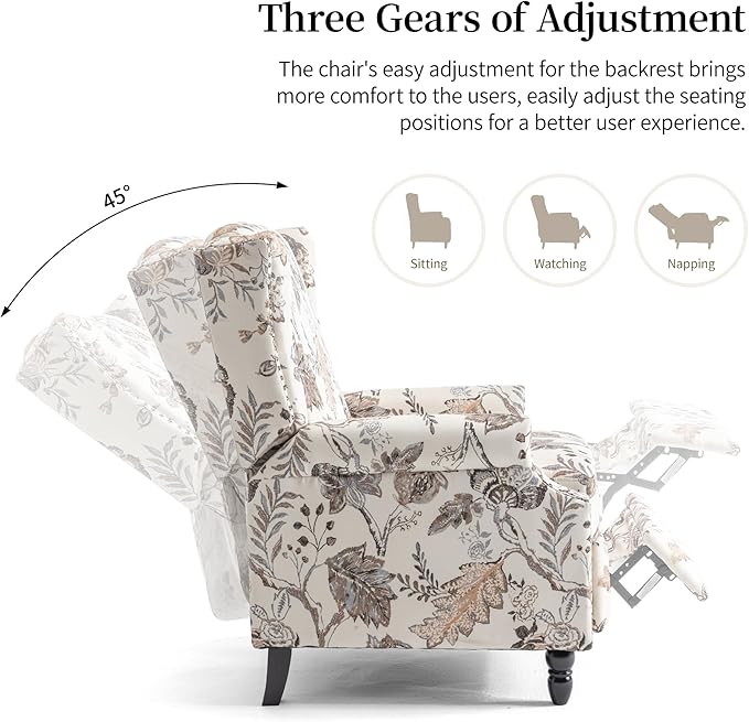 Pushback Recliner Chair, Floral Fabric Wingback Recliner Chair, Upholstered Armchair Push Back Recliner, Rivet Trim Single Sofa Accent Chair with Wood Legs for Living Room, Plants Beige
