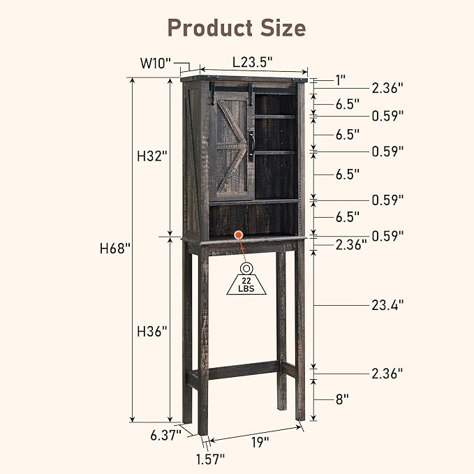 RedLemon Farmhouse Over The Toilet Storage Cabinet Set of 2, 68" Tall with Sliding Barn Doors & Adjustable Shelves, Rustic Above Toilet Storage Cabinet, Dark Rustic Oak