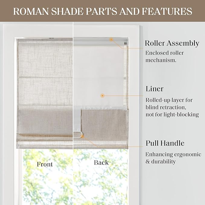 Madison Park Kyler Cordless Roman Shades - Single Panel, Lightweight Linen Blend Fabric, Natural Design, Easy Installation, Light Filtering Window Blind, Bedroom, Living Room Decor 35"W x 64"H Natural