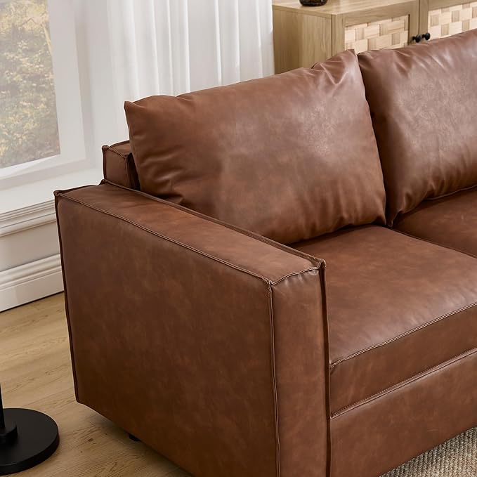 64.5 inch Loveseat, Brown Leather Modular Sectional Sofa, Modern Convertible Comfortable Sofa Couch for Living Room/Apartment