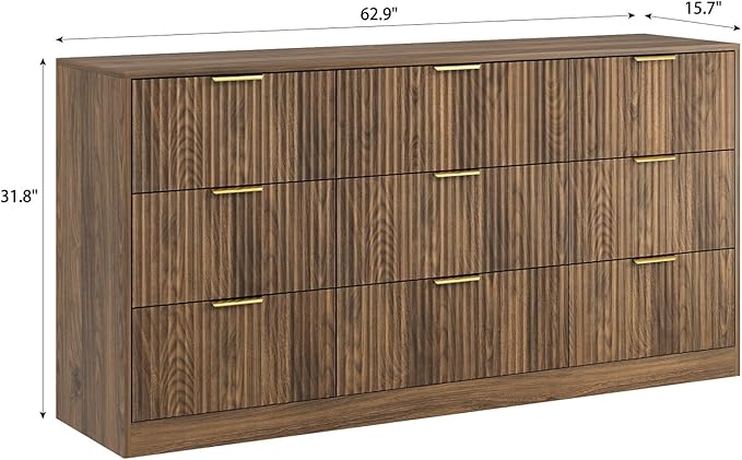 3-Piece Modern Bedroom Furniture Set, Wide 9-Drawer Dresser & 3-Drawer Nightstands Set of 2, Natural Wood Dresser and Nightstand Sets for Bedroom, Hallway, Walnut