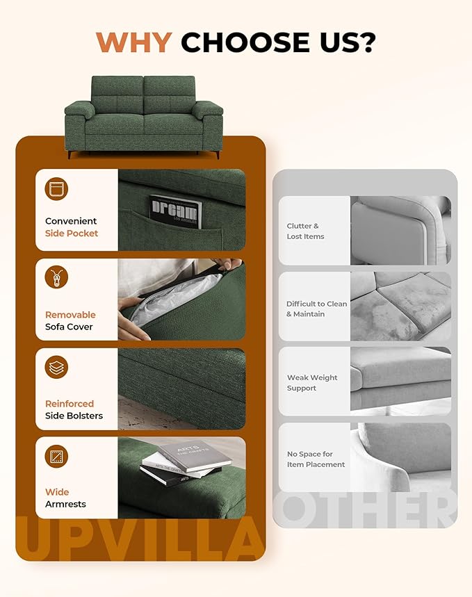 71.25" Modern Sofa Couch for Living Room, Deep Seat Sofas with 8”Cushion, Comfy 2-Seater Chenille Loveseat with Convertible Armrest, Removable Sofa Cover, High Leg(Green)