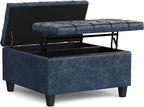 SIMPLIHOME Harrison 30 inch Wide Transitional Square Small Coffee Table Storage Ottoman in Denim Blue Vegan Faux Leather, Assembled, for The Living Room and Bedroom
