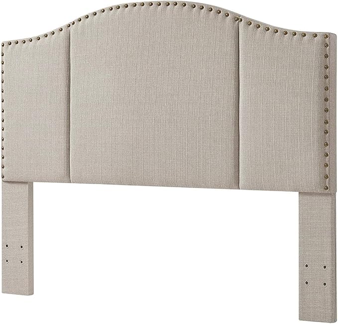 24KF Middle Century Linen Upholstered Tufted Queen Size Headboard with Antique Brass Nail Heads Trim Queen/Full headboard-Linen