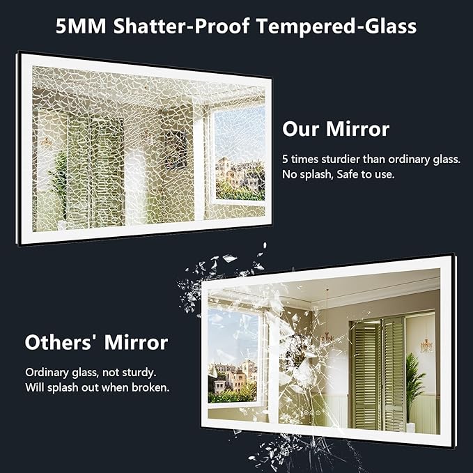 66x36 Inch LED Bathroom Mirror with Lights (Front Lit and Backlit) Black Framed Lighted Vanity Mirror for Bathroom Wall Dimmable Anti-Fog Memory Tempered Glass Horizontal/Vertical