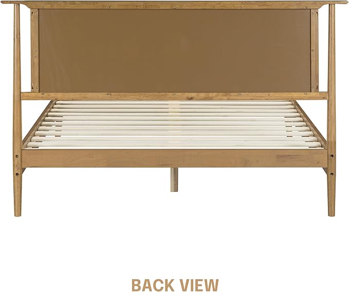 NTC Ruby Wooden Bed Frame with Headboard and Natural Rattan, Solid Oak/Rubber Wood Foundation with Silent Slats, 1000 Lb Capacity, Effortless Assembly Queen - Teak Look