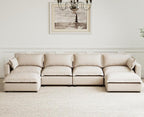 chairus 126" Modular Sectional Sofa with 2 Moveable Ottoman Upholstered Deep Seat Linen Couch Set with Soft Pillows U Shaped Sofa Couch for Living Room, Apartment, Reception Room, 4-Seater/Oatmeal