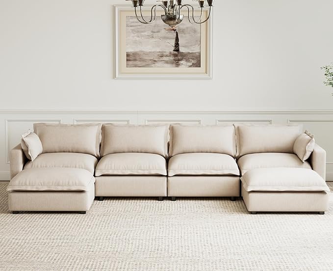 chairus 126" Modular Sectional Sofa with 2 Moveable Ottoman Upholstered Deep Seat Linen Couch Set with Soft Pillows U Shaped Sofa Couch for Living Room, Apartment, Reception Room, 4-Seater/Oatmeal