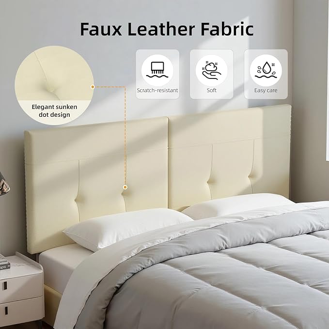 King Headboard Only with Adjustable Metal Legs, Faux Leather Upholstered Headboard King Size, Modern Stylish Headboard with Sunken Dot Design, Sturdy Bed Headboard for Bedroom, Beige