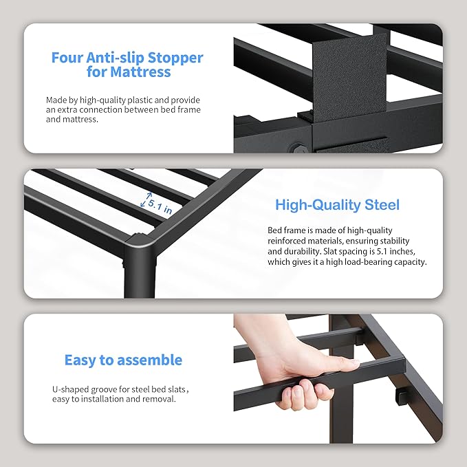 ROIL 12 inch Metal Queen Bed Frame with Rounded Corner and Headboard Hole Mattress Retainers 3500LBS Heavy Duty Steel Slats No Box Spring Needed Platform Noise-Free Easy Assemble