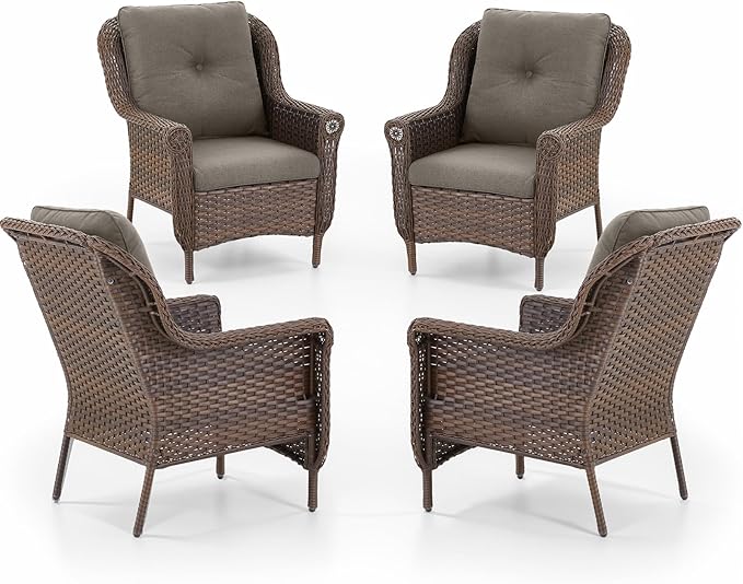 Patio Wicker Chairs Outdoor Furniture Chair - Set of 4 Outside All Weather Lawn Dining Brown Rattan Armchair with High Back&Deep Seating for Deck Porch Balcony Backyard Garden - Grey