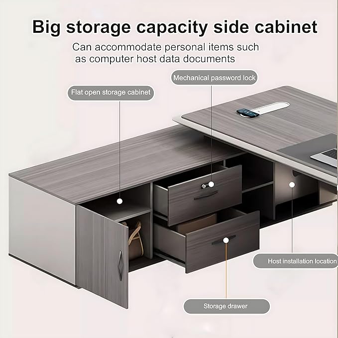 86IN Executive Office Desk - Large Office Desk L Shaped Computer Desk with 2 Drawers & Grille Design | Thickened Countertop & Large Capacity Side Cabinet Storage & Metal Cabinet Handle