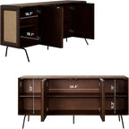 NTC MOSSIC Modern Sideboard with 4 Doors, Natural Rattan Storage Cabinet, Buffet with Metal Legs, Boho Accent Cabinet for Living Room, and Entryway, Effortless Assembly - Dark Walnut