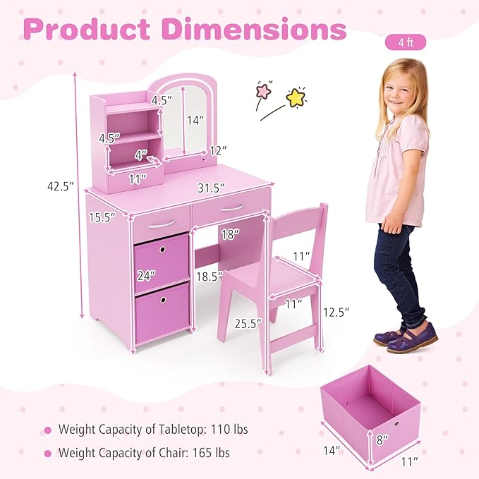 GLACER Kids Vanity Table and Chair Set, Princess Makeup Vanity Desk with 5 Drawers, Open Shelves, Mirror, 2-Color LED Lights, Wooden Toddler Vanity, Pretend Play Vanity Set for Little Girls (Pink)