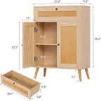 Rattan Storage Cabinet, 2-Door Oak Sideboard with Drawers, Buffet Sideboards with Storage, Elegant Boho Design for Dining Room or Living Room, 1 Drawer for Extra Organization