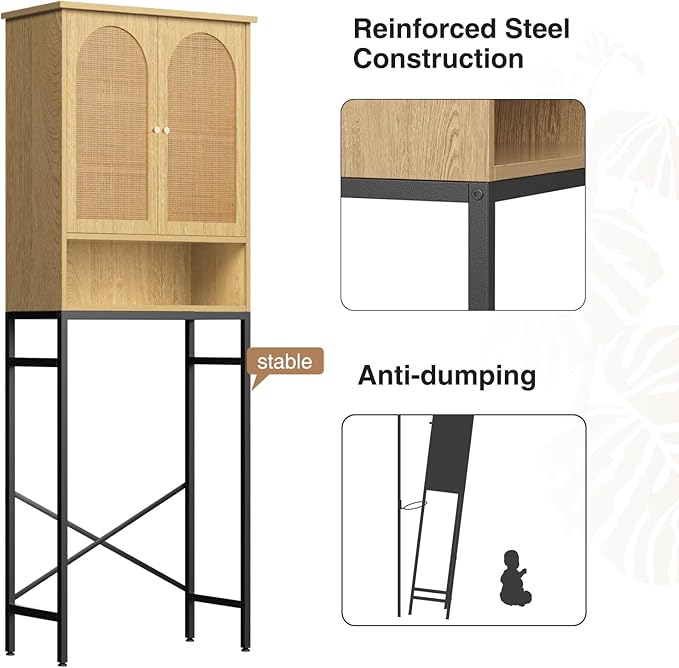 Rattan Toilet Storage Cabinet, Over the Rack Wood Cabinet with Metal Stand, Bathroom Organizer with Adjustable Shelf, Tall Freestanding Washer Shelf, Small Cupboard, Space Saver, Natural style